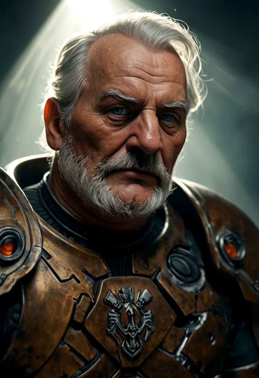 realistic, closeup portrait, face portrait, focus on face, seen from the side, dark cyberpunk megacity, neonlit background, volumetric light rays, natural light, alone, solo, relaxed cute pose, arm resting on leg, old granddad, old man, grandpa, tanned skin, strong tan, pubic-hair, small flat crooked down nose, bushy eyebrows, hairy chest, chesthair, strong manly round chubby face, deep blue eyes, (charming, handsome, sensual, arrogant, challenging), wearing cybernetic armor, cybernetic bodysuit, cyberpunkt accessoires