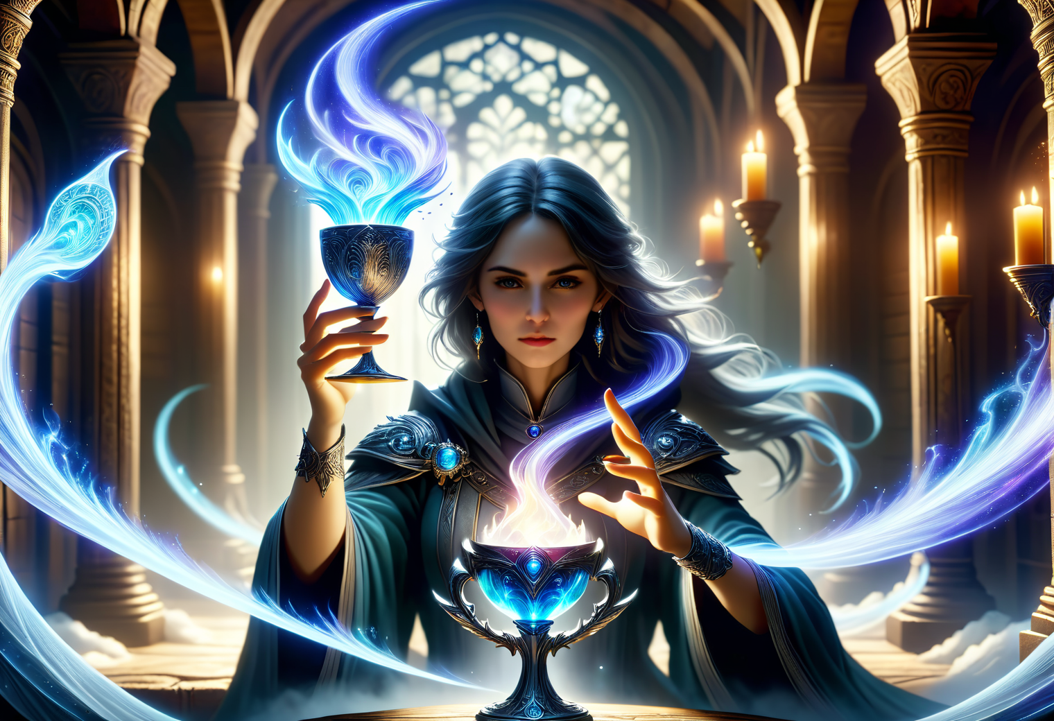 hyper detailed masterpiece, dynamic, awesome quality, female cryomancer  ethereal goblet and mead hall DonMM4g1cXL <lora:DonMM4g1cXL_v1.2:1>  <lora:Perfect Hands v2:0.8> Perfect Hands