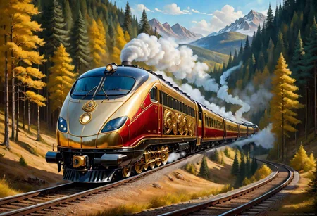 (intricate details, masterpiece, best quality:1.4) , ((Anna Karenina is waiting for a train, a train traveling along railway tracks in the mountains next to a forest, a painting in the style of fine art, golden steam locomotives, a masterpiece, a smooth streamlined line)), futuristic style, elegant, modern, ultramodern, detailed, (steampunk (high-tech aircraft, wings spread, on long+++ legs), light in the portholes,