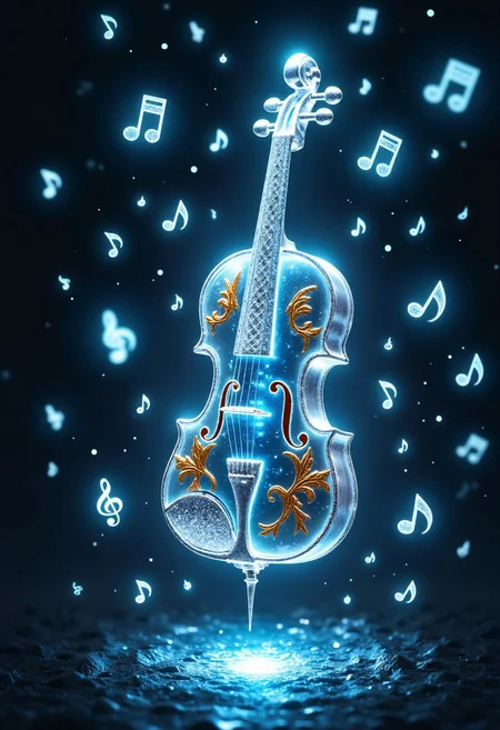 This high-resolution CGI illustration, rendered in a realistic, hyper-realistic style, captures a magical violin suspended in the air, surrounded by ghostly, glowing musical notes that form a constellation-like pattern. The violin is crafted from translucent crystal with swirling gold inlays, and it vibrates slightly, as if playing on its own. Each note shimmers and emits a faint light, creating a symphony of visuals that looks both haunting and beautiful.
