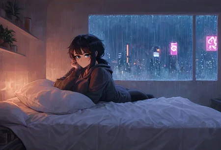 score_9,score_8_up,score_7_up,score_6_up, 1girl,
sitting in bed next to a large window, holding coffee cup, steaming coffee cup on windowsill, wearing croptop hoodie, black croptop hoodie, long hair, black hair, low ponytail hairstyle, pov from outside, view from putside the window looking into the room, looking out window, head resting on pillow laying on the bed, hoodie, plants on the windowsill, looking out the window, looking at viewer, background is the bedroom, tidy bedrrom, small room, cramped bedroom, teddies on the bed,, wearing legging, see through thights, black tights, cyberpunk city view out of the window, raining outside, heavy rain outside, neon light, purple neon lights, cat on the bed, pet cat in the room, pet cat sleeping on the bed