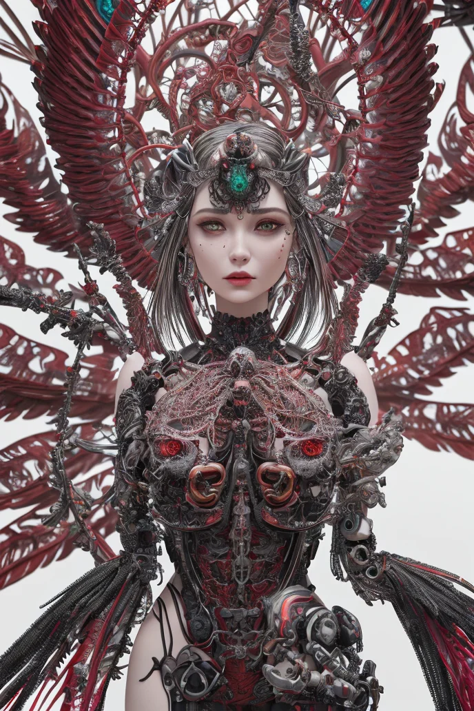 complex 3d render ultra detailed beautiful death angel, biomechanical cyborg, analog 150 mm lens, beautiful natural soft rim light, crystal feathers, roots, fine foliage lace, colorful details, Boris Bidjan Saberi outfit, pearl earrings, piercing, art nouveau fashion embroidered, intricate details, mesh wire, mandelbrot fractal, facial muscles, cable wires, microchip, badass, hyper realistic, ultra detailed, octane render, volumetric lighting, 8k post-production, red and white with a bit of black, detailled metalic bones, semi human, iridescent colors, Glenn Brown style, futuristic room, power of the god, high-angle shot, complex body poses