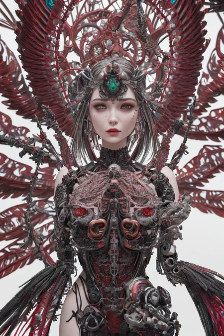 complex 3d render ultra detailed beautiful death angel, biomechanical cyborg, analog 150 mm lens, beautiful natural soft rim light, crystal feathers, roots, fine foliage lace, colorful details, Boris Bidjan Saberi outfit, pearl earrings, piercing, art nouveau fashion embroidered, intricate details, mesh wire, mandelbrot fractal, facial muscles, cable wires, microchip, badass, hyper realistic, ultra detailed, octane render, volumetric lighting, 8k post-production, red and white with a bit of black, detailled metalic bones, semi human, iridescent colors, Glenn Brown style, futuristic room, power of the god, high-angle shot, complex body poses