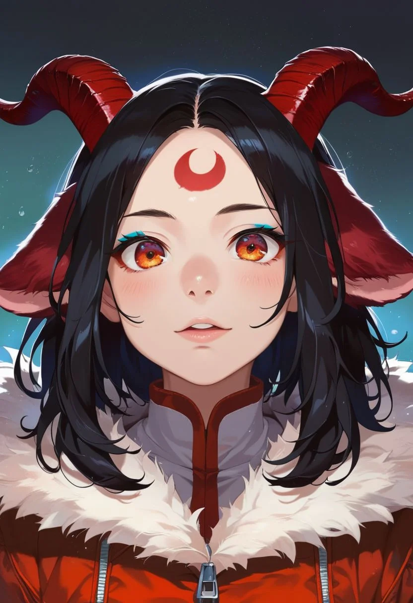 Aluki, 1 girl, solo, jet black hair, orange eyes, short black goat ears only, red goat horns, medium hair, orange eyes, red eyes, multicolor eyes, blue eyeliner, no human ears, 2 red wing, only moon mark on forehead, no wings on the head,only red wings on the back,1 whisker black marks, highly detailed , score_9, score_8_up, score_7_up, score_6_up, coat white