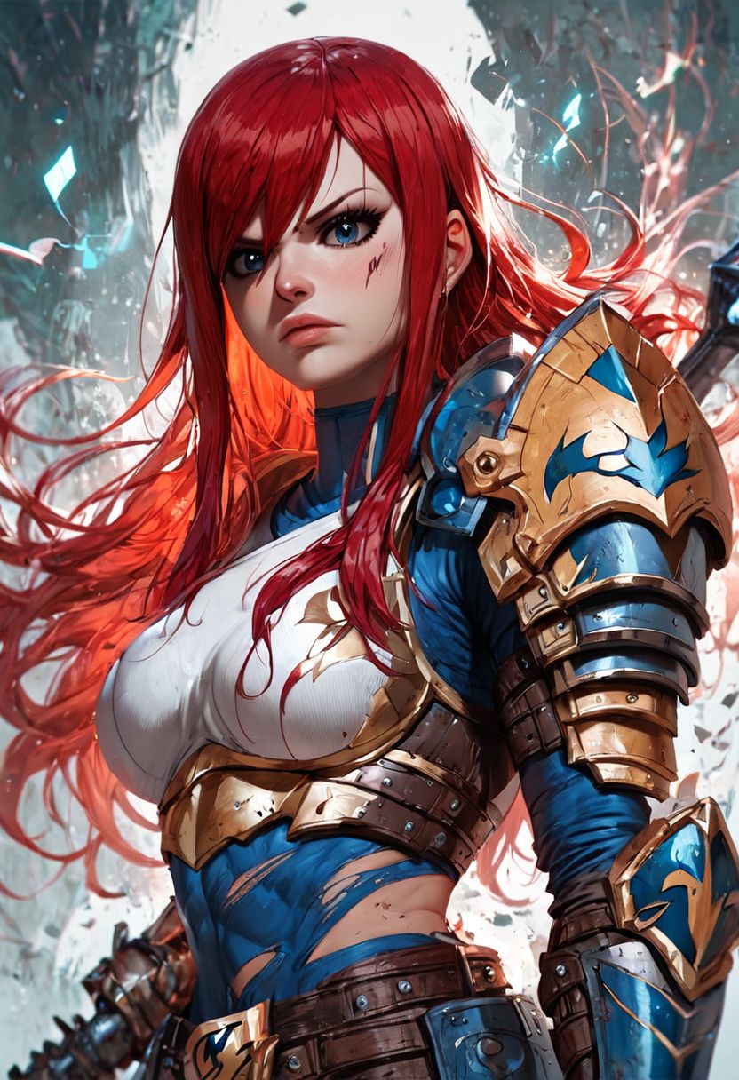 score_9, score_8_up, score_7_up, score_6_up, score_5_up, score_4_up,<lora:Fant5yP0ny:0.8>, 1girl, torned armor, weapon, ripped wings, solo, shoulder armor, blue eyes, pauldrons, red hair, looking at viewer, broken power armor
((Erza Scarlet/Fairy tail))