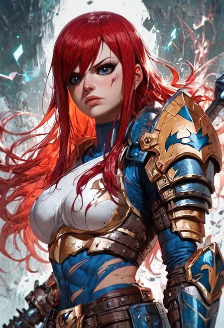 score_9, score_8_up, score_7_up, score_6_up, score_5_up, score_4_up,<lora:Fant5yP0ny:0.8>, 1girl, torned armor, weapon, ripped wings, solo, shoulder armor, blue eyes, pauldrons, red hair, looking at viewer, broken power armor
((Erza Scarlet/Fairy tail))