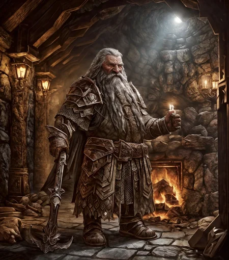 RAW photo, (masterpiece:1.3), subsurface scattering, heavy shadow, (high quality:1.4), (intricate, high detail:1.2), professional photography, HDR, High Dynamic Range, realistic, ultra realistic, photorealistic, high resolution, film photography, ambient lighting, atmospheric effects, <lora:detail_slider_v4:2>, OverallDetail, a dwarf, long beard, ((portrait shot)), wearing intricate armor, DwarAr, <lora:DwarvenArmor:0.7>, in an underground hall with a dwarven forge and furnace, fire, lava, smithy, DwaRe, <lora:DwarvenRealms-10:0.6>, in the style of Tolkien, Middle Earth, Moria, ((perfect hands)), epiCPhoto