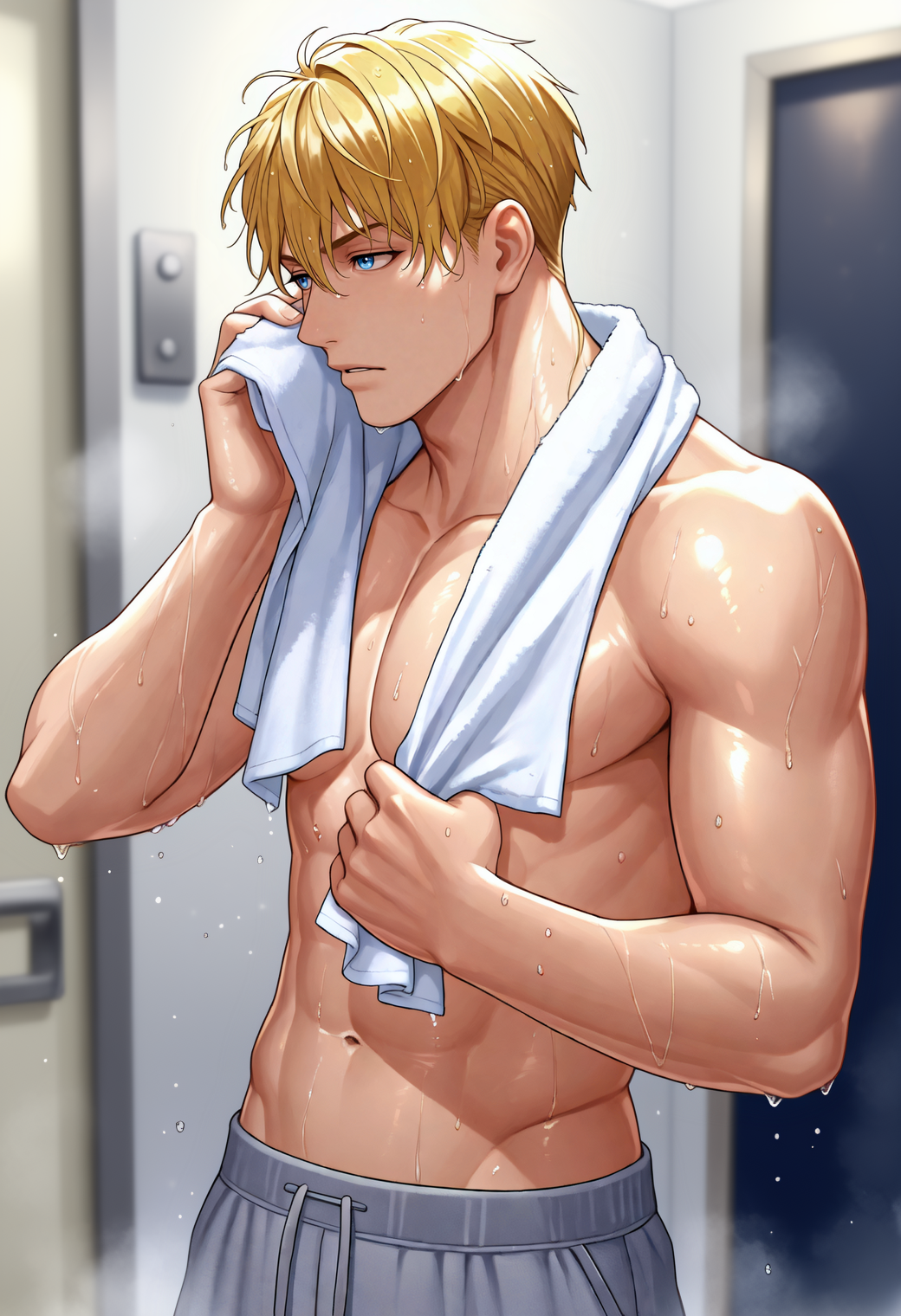 masterpiece,best quality,
1boy,manly,
j34nhvc, blonde hair, blue eyes, short hair,
topless male, sweatpants, towel around neck, wet hair, wet, (shiny skin:0.6),
<lora:jean_havoc_NAI_EPS_1_0_CAME_v1_rev2:1>âââ