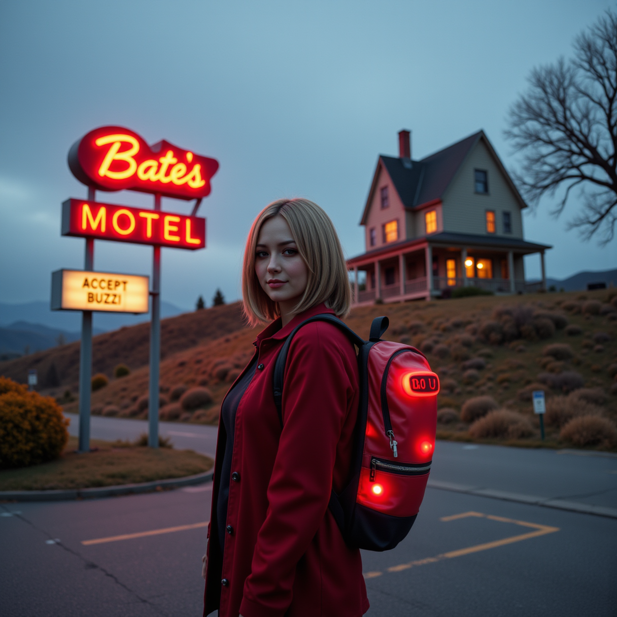 wide shot, she is smiling,She is approximately 18 years old, profile headshots, dynamic angles,photoshoot poses, in the background on the hill is an old mansion, She is standing in the parkinglot of the a spooky looking motel in the middle of nowhere. There is a neon sign next to the motel reads "Bate's motel". She is standing in the parkinglot, The sign on the motel door reads "We accept buzz!". The woman has shoulder-length blonde hair and is looking directly at the camera with a happy expression on her face. She has a futuristic backpack on her back, it's glowing.  she is wearing red and black coat, black shirt, and black pants. vibrant colors, The overall mood of the image is intense and dramatic,RAW candid cinema,16mm,color graded portra 400 film,remarkable color,ultra realistic,textured skin,remarkable detailed pupils,realistic dull skin noise,visible skin detail,skin fuzz,dry skin,shot with cinematic camera,detailed skin texture,(blush:0.2),(goosebumps:0.3),subsurface scattering,beautiful photograph in the style of Augustus John,Sergio Toppi,Virginia Frances Sterrett,8k HD,detailed skin texture,ultra realistic,textured skin,analog raw photo,cinematic grain,whimsical.perfection style,aidmareduxstyle, aidmafluxpro1.1, she is smiling, smiling