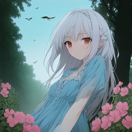 masterpiece,realistic,(flat color:0.5),,  luna, cluster flower, (colorful flowers:1.1), deep forest, cluster flower,(sky:1.21), ambient light,looking at viewer, from below, blue dress,Gothic, outdoors, flying bird, summer,blurry background,wind,pole color,red eyes, white hair, <lora:Luna_Pony_test_after_3-000060:1>