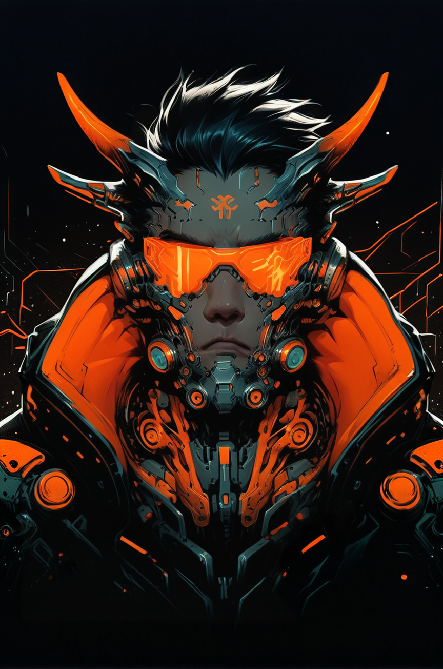 biomechanical style <lora:Neon_Splash_Art_for_Pony:0.9> one male man,serious face, bob, horns, broad shoulders, selective gold color, cyberpunk, looking at viewer, heavy tones, detail, dark background, dramatic, front view <lora:OverallDetail:1> <lora:Sinozick_Style_XL_Pony:0.5> <lora:Desolation:0.3> <lora:mgxt:1>, score_9, score_8_up, score_7_up . blend of organic and mechanical elements, futuristic, cybernetic, detailed, intricate