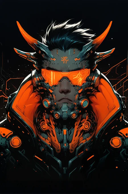 biomechanical style <lora:Neon_Splash_Art_for_Pony:0.9> one male man,serious face, bob, horns, broad shoulders, selective gold color, cyberpunk, looking at viewer, heavy tones, detail, dark background, dramatic, front view <lora:OverallDetail:1> <lora:Sinozick_Style_XL_Pony:0.5> <lora:Desolation:0.3> <lora:mgxt:1>, score_9, score_8_up, score_7_up . blend of organic and mechanical elements, futuristic, cybernetic, detailed, intricate