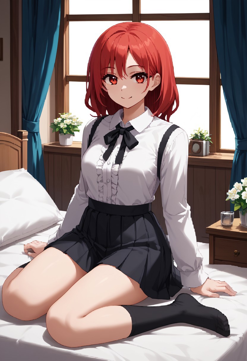 score_9,score_8_up,score_7_up,source_anime,5_figner,2d_animation,game cg,BREKE,1girl,solo,
gimmick girl,
white shirt,long sleeves,black ribbon,collared shirt,ribbon,suspender skirt,black kneehighs socks,front view,smile,
bad,pillow,room,window,curtain,
masterpiece,best qualit,ultra-detailed,illustration,an extremely delicate and beautiful,beautiful detailed eyes,unity 8k wallpaper,high resolution,anime CG,official_art,