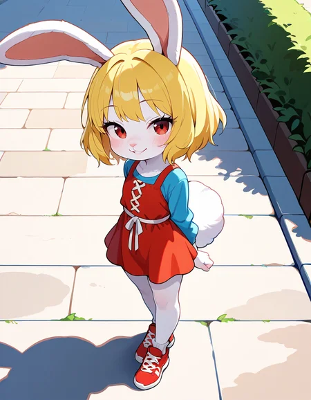 masterpiece, best quality, very aesthetic, absurdres,
outdoors, dressed shadow \(meme\),
full body, casual,
seductive smile, parted lips, long eyelashes,
<lora:Carrot_v01_NAIXL-000011:1>
Ca3307,1girl,solo,furry,furry female,rabbit girl,short hair,blonde hair,rabbit ears,red eyes,animal nose,body fur,white fur,rabbit tail,