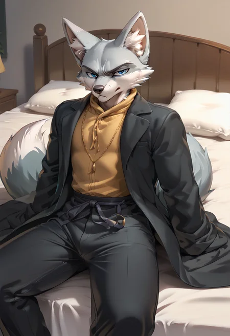 <lora:add-detail-xl:1> <lora:DetailedEyes_V3:1> <lora:lee_seo_oc:0.9> lee_seo, fox, light grey fur, male, furry, on bed, looking at viewer, long wide black pants, grumpy look, wearing black coat, furry artwork, <lora:kalivero_2.1:1> score_9, score_8_up, by kalivero,