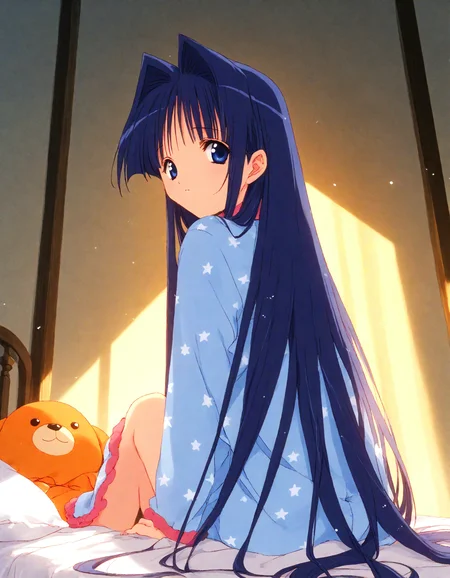 score_9, score_8_up, score_7_up, masterpiece, best quality, absurdres, official art, official style, (anime coloring, anime screencap, megami magazine, flat color:1.3), zPDXL2, zPDXLxxx,
<lora:Nanase_Aoi_Style_Pony_v1:1.0>, 1girl, solo focus, Nanase_Aoi_Style
bedroom, on bed, bed sheet, dim lighting, light particles, (from behind:1.3), looking at viewer, dutch angle,
, blue theme, sitting, wariza, blue eyes, pajamas, pillow, long hair, blue hair, very long hair, bed
