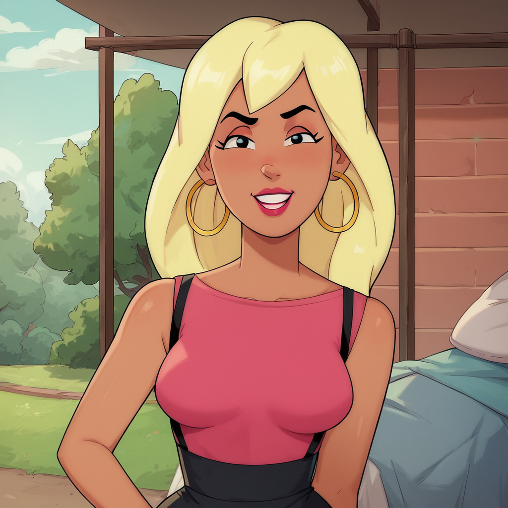 score_9, score_8_up, score_7_up, 1girl, Amber, blonde hair, long hair, black eyes, lipstick, hoop earrings, medium breasts, narrow waist, wide hips, looking at viewer, highres, high quality, masterpiece, <lora:Amber_Lamber:0.8>