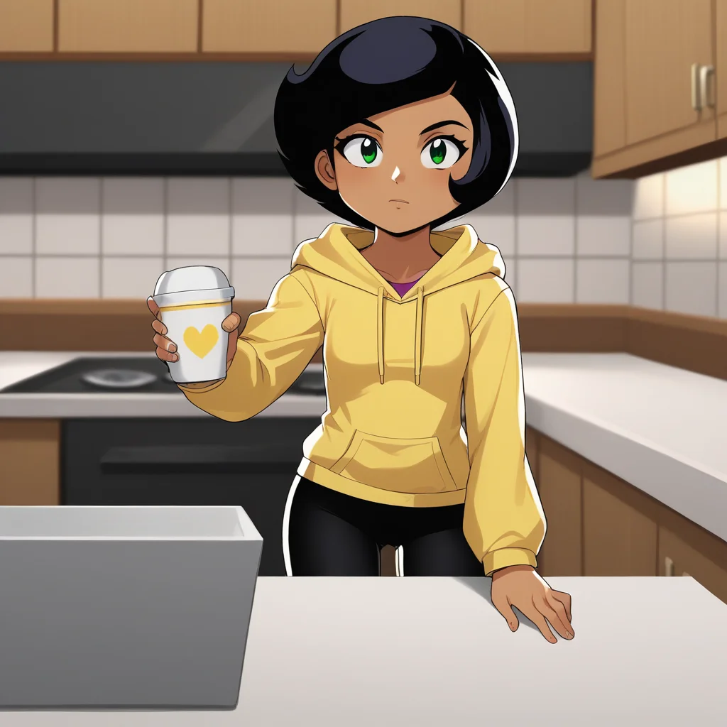 score_9_up, BREAK, 1girl, solo, Megan, black hair, short hair, green eyes, tan, dark skin, <lora:Megan_SpieZ_PXL_Leaf3:1>, yellow hoodie, black leggings, holding cup, kitchen, blurry background,