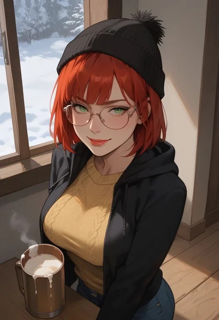 score_9,score_8_up,score_7_up,score_6_up,score_5_up, masterpiece, best_quality, ultra-detailed, cowboy shot, from above
BREAK 
1girl, solo, short red hair, bangs, green eyes, aviator glasses, large breasts, yellow floral sweater, black hooded jacket, black beanie, blue jeans, red nose, heavy breathing, sideways glance, mischievous smile
BREAK
alehouse, jug of beer, tables, window, snow on windowsill, fireplace, fire