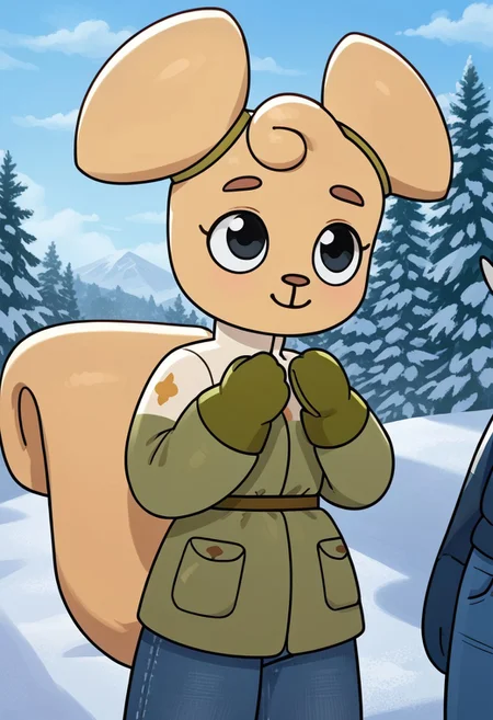 score_9, score_8_up, score_7_up, source_cartoon, 1girl, solo, female, Ruby, squirrel, furry, anthro, beige fur, brown eyebrows, beige haircut, two ponytails, black eyes, eyelashes, squirrel head, no ears, brown nose, small nose, squirrel tail, big tail, four fingers on arms, furry body, green winter jacket, mittens, jeans, looking up, smile, smiling, happy, lidded eyes, front view, angle, standing, high quality, high resolution, photorealism, outdoors, snowy day