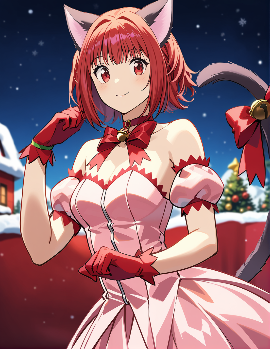 1girl, solo,  <lora:sdxl-lyco-mew_ichigo-remake-animagine_xl_3_1-v1:1>, mew_ichigo_remake, tail bow, gloves, cat tail, red gloves, tail bell, choker, detached sleeves,pink dress, strapless, relaxed posture, elbows extended, standing,  ,,smile, best quality, very aesthetic, ultra-detailed, intricate details, 4k,BREAK  at the north pole