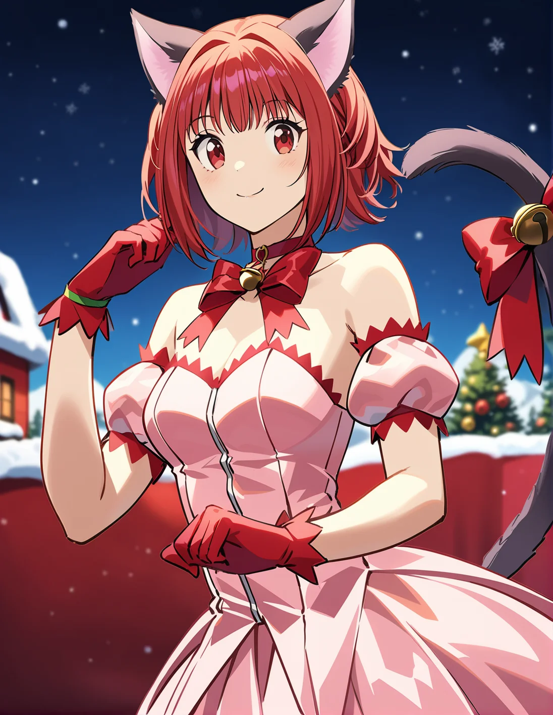 1girl, solo, <lora:sdxl-lyco-mew_ichigo-remake-animagine_xl_3_1-v1:1>, mew_ichigo_remake, tail bow, gloves, cat tail, red gloves, tail bell, choker, detached sleeves,pink dress, strapless, relaxed posture, elbows extended, standing, ,,smile, best quality, very aesthetic, ultra-detailed, intricate details, 4k,BREAK at the north pole