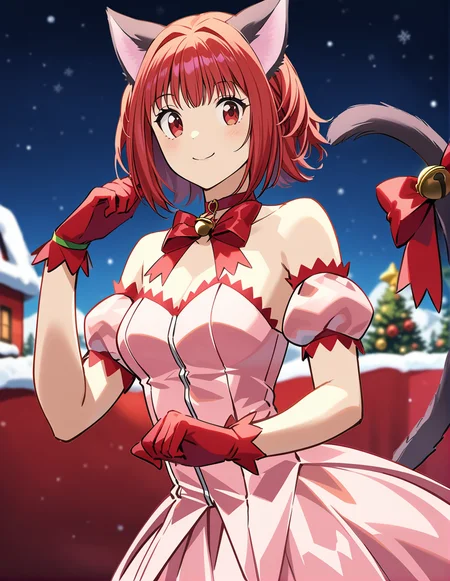 1girl, solo, <lora:sdxl-lyco-mew_ichigo-remake-animagine_xl_3_1-v1:1>, mew_ichigo_remake, tail bow, gloves, cat tail, red gloves, tail bell, choker, detached sleeves,pink dress, strapless, relaxed posture, elbows extended, standing, ,,smile, best quality, very aesthetic, ultra-detailed, intricate details, 4k,BREAK at the north pole