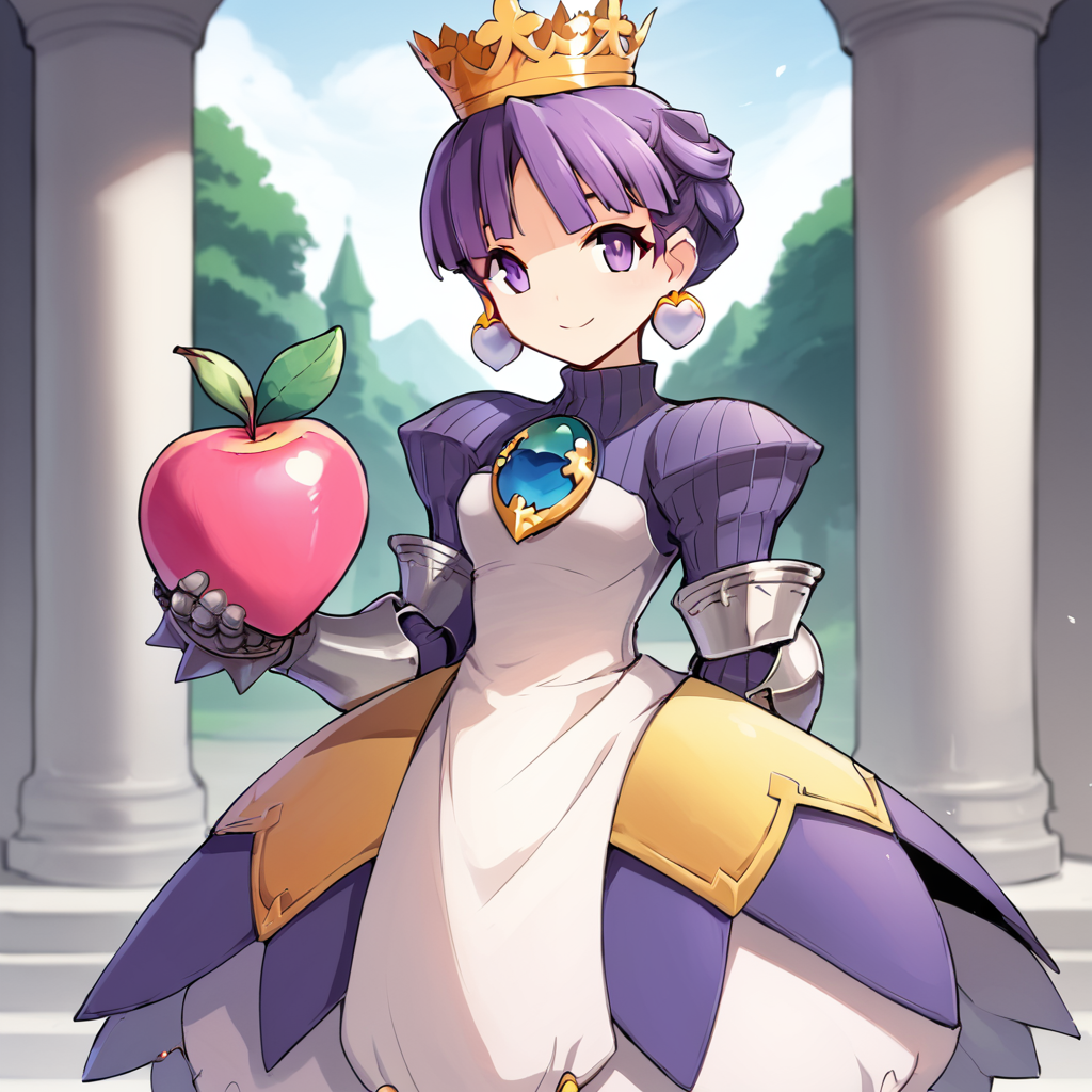 score_9, score_8_up, score_7_up, BREAK source_anime, rating_explicit, best quality, masterpiece, uncensored, 1girl,  <lora:gradriel_pony:1> gradriel, purple hair, short hair, crown, dress, armor, jewelry, earrings, gauntlets, armored dress, smile, closed mouth, (heart-shaped fruit), newest