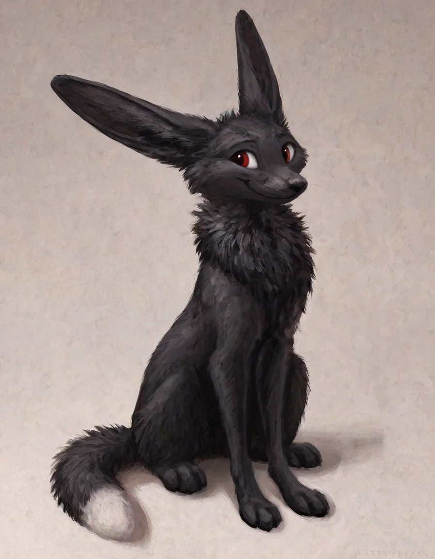 masterpiece, best quality, amazing quality, very aesthetic, absurdres, (Solo:1.5),feral,hare,fox ears,,(huge ears:1.8),(long ears:1.5),(large ears:1.5),inner ears tuft,(black fur),black body,,red eyes,(neck tuft),(neck mane),ears tuft,smile,fluffy ears,floppy ears,full body,fluffy ears
 <lora:Better_Kenket:0.8>