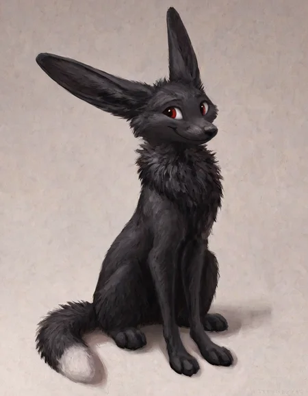 masterpiece, best quality, amazing quality, very aesthetic, absurdres, (Solo:1.5),feral,hare,fox ears,,(huge ears:1.8),(long ears:1.5),(large ears:1.5),inner ears tuft,(black fur),black body,,red eyes,(neck tuft),(neck mane),ears tuft,smile,fluffy ears,floppy ears,full body,fluffy ears
 <lora:Better_Kenket:0.8>