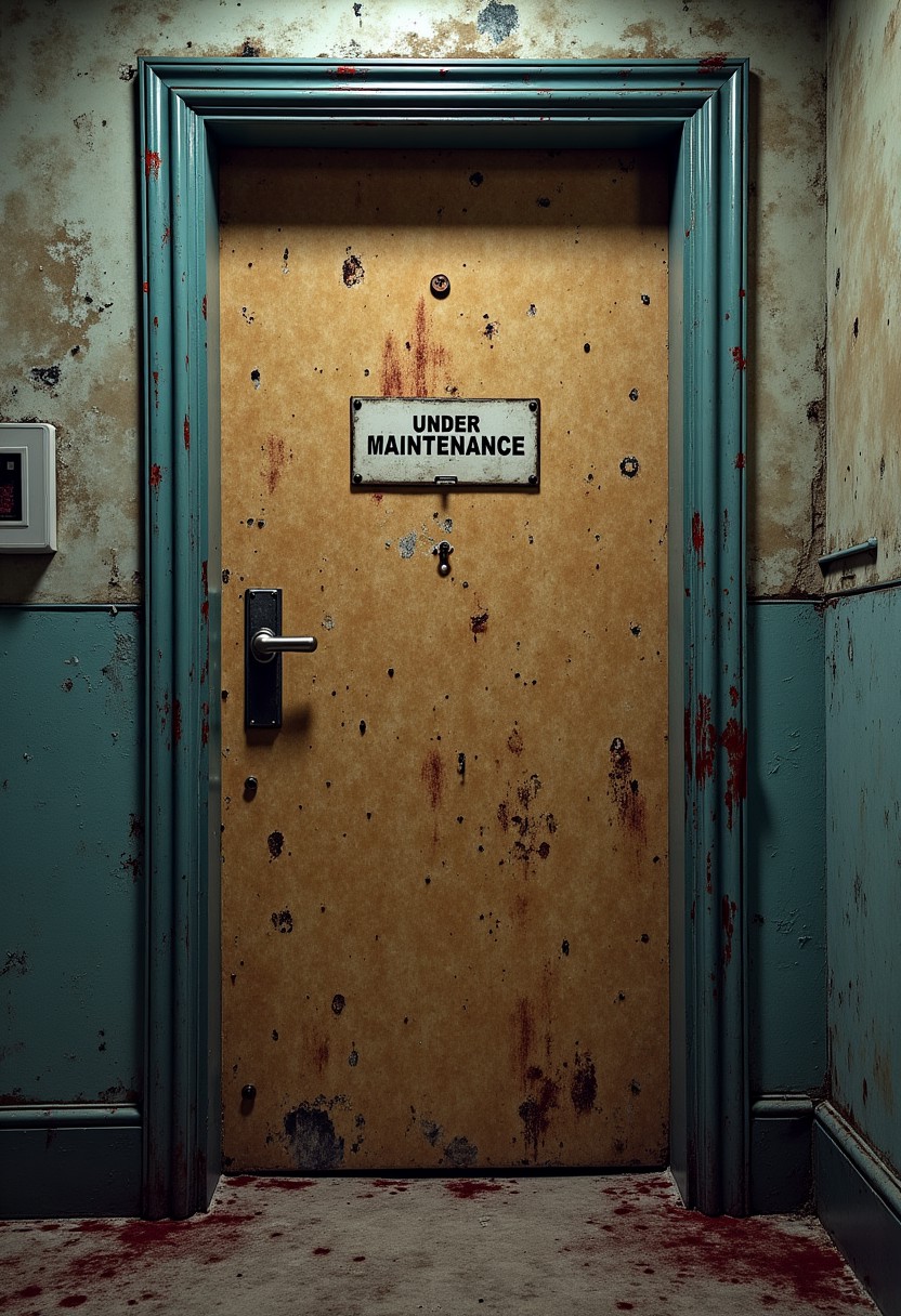 boarded up door, a plate with the text "under maintenance", bloody marks of human palms, horror vibes, mystery, (best quality, masterpiece), painting, 8k, hdr, detailed, intricate details