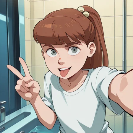 aijalon, masterpiece, high quality, volumetric lighting, dynamic pose, dynamic angle, detailed background, Anime screencap,
((1girl, solo, m_g, 1girl, brown ponytail hair, bangs, hairpin, small body, skinny body, grey eyes, summer dress, long hair)), detailed face, 1girl, solo, alone, indoors, bathroom, selfie, open mouth, tongue out, peace sign, oversized t-shirt,