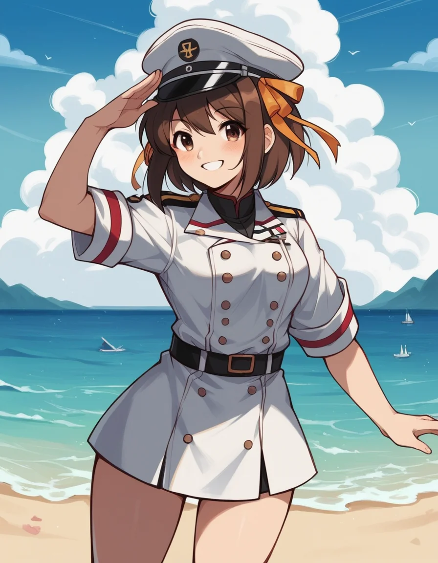 score_9, score_8_up, score_7_up, source_anime, <lora:haruhi-suzumiya-s1-ponyxl-lora-nochekaiser:1>, haruhi suzumiya, short hair, brown hair, brown eyes, hairband, medium hair, ribbon, hair ribbon,, <lora:kancolle-admiral-cosplay-ponyxl-lora-nochekaiser:1>, kancolle admiral cosplay, admiral (kancolle) (cosplay), naval uniform, cosplay, military uniform, military, peaked cap,, beach, salute, blush, smile, cowboy shot, looking at viewer,