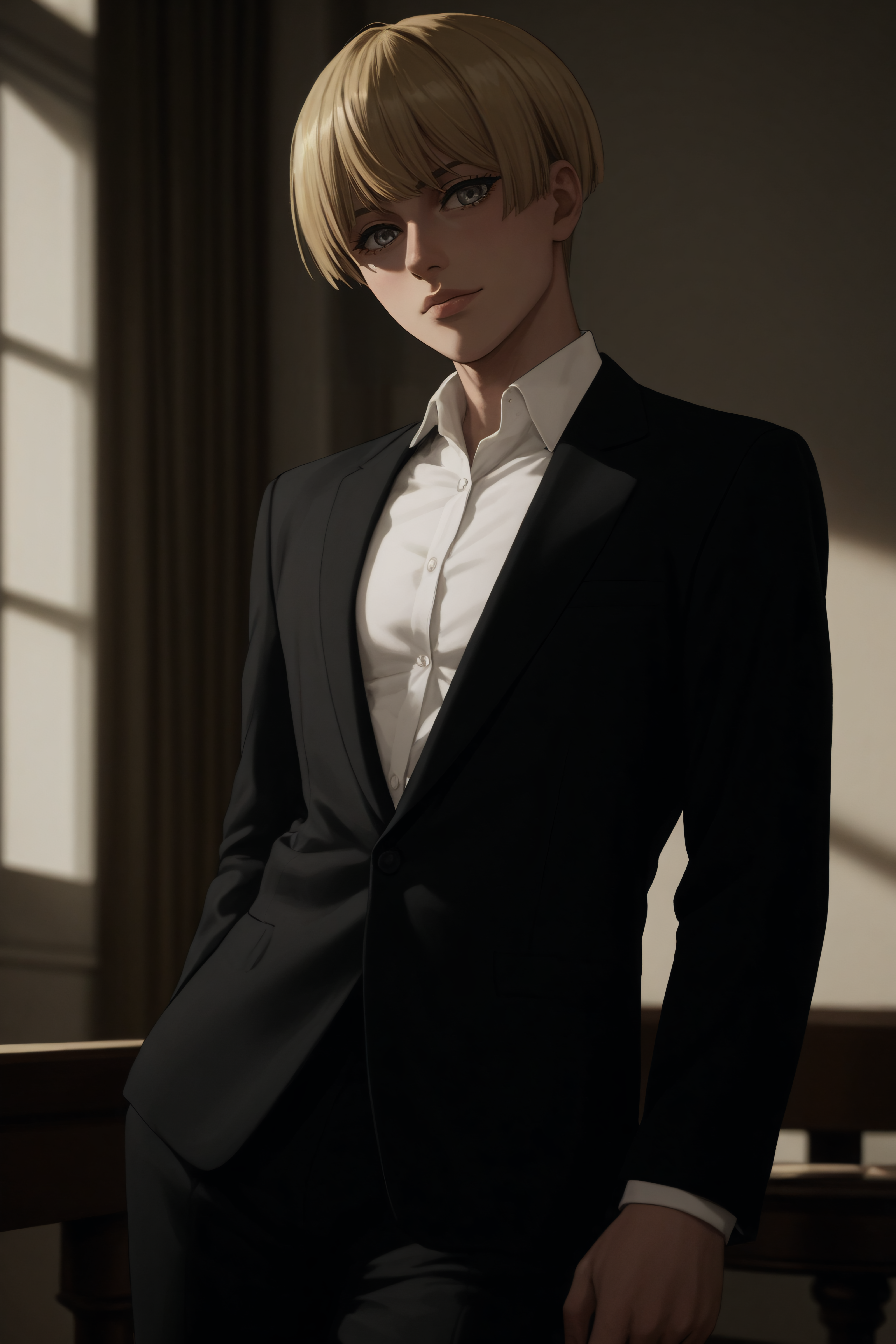 score_9, score_8_up, score_7_up, BREAK source_anime, <lora:Yelena-PonyXL-lora-Faxtron:0.8> yelena, grey eyes, blonde hair, white shirt, black suit, long sleeves,