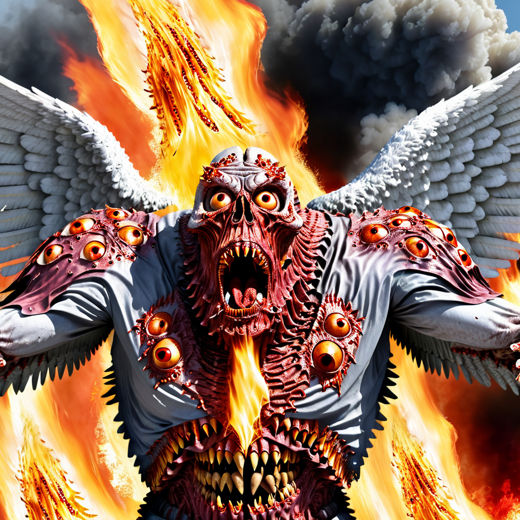 raw photo,cinematic shot,photorealistic,solo,a fleshmutant angel of destruction covered in numerous eyes and mouths descends from the heavens to consume all with holy flame, <lora:Cyberfleshmutant-000002:1>