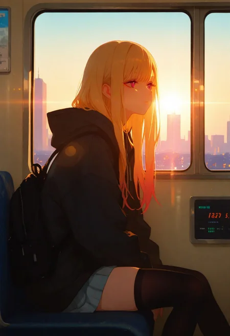 masterpiece, best quality, amazing quality, very aesthetic, absurdres, newest, cinematic lighting, backlit, backlighting, soft colors, 1girl, MarinKitagawa CYQL, solo, hood down, black thighhighs, expressionless, [sitting], looking to the side, (((straight on))), front view, (leaning against glass), black backpack removed, sunbeam, sunlight, lens flare, train interior, cityscape,