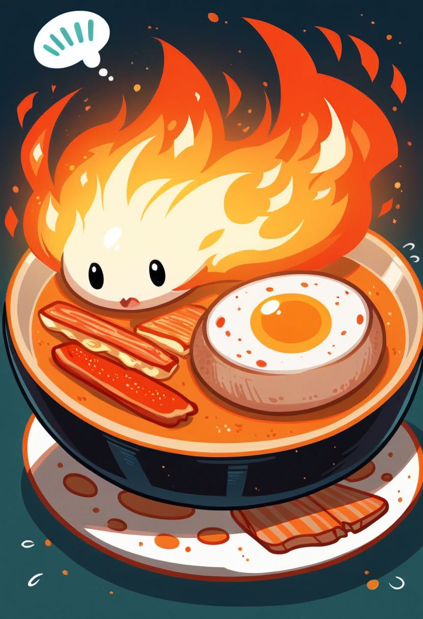 core_9, score_8_up, score_7_up, ultra detailed, Excellent quality, high resolution, close view, 1girl, > <, bacon, cooking, elemental (creature), fiery hair, fire, fire elemental, flying sweatdrops, food, food focus, fried egg, frying pan, full body, help, lying under pan, on stomach, open mouth, seal impression, solo