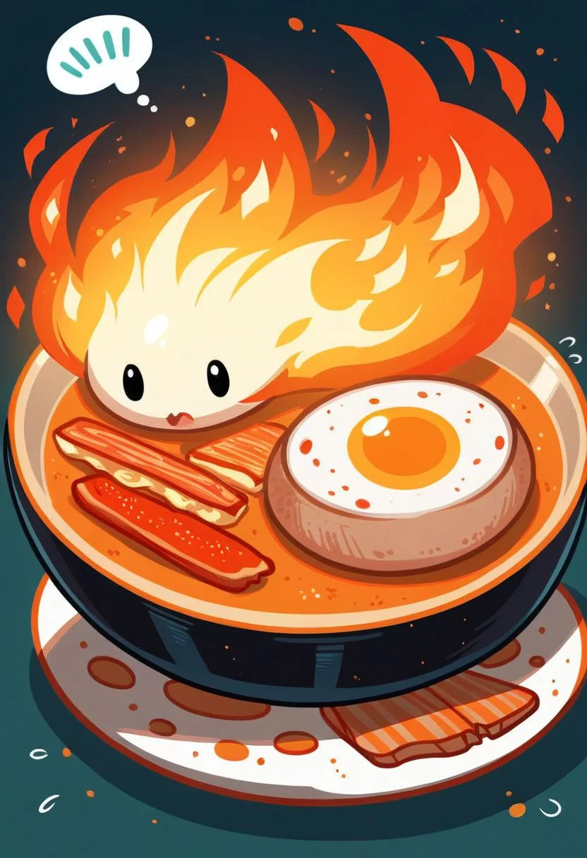 core_9, score_8_up, score_7_up, ultra detailed, Excellent quality, high resolution, close view, 1girl, > <, bacon, cooking, elemental (creature), fiery hair, fire, fire elemental, flying sweatdrops, food, food focus, fried egg, frying pan, full body, help, lying under pan, on stomach, open mouth, seal impression, solo