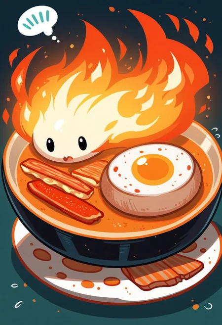 core_9, score_8_up, score_7_up, ultra detailed, Excellent quality, high resolution, close view, 1girl, > <, bacon, cooking, elemental (creature), fiery hair, fire, fire elemental, flying sweatdrops, food, food focus, fried egg, frying pan, full body, help, lying under pan, on stomach, open mouth, seal impression, solo