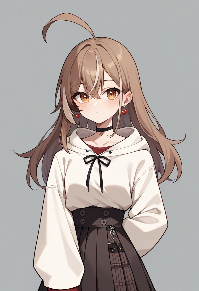score_9,score_8_up,score_7_up,score_6_up,score_5_up,score_4_up,
1girl, nanashi mumei, long hair, ahoge, black choker, oversized beige hoodie, sleeves past wrists, plaid skirt,pleated skirt, high-waist brown skirt, cherry earrings, red shirt,
simple background, grey background, solo, looking at viewer,
<lora:mumeiponyxl1:1>