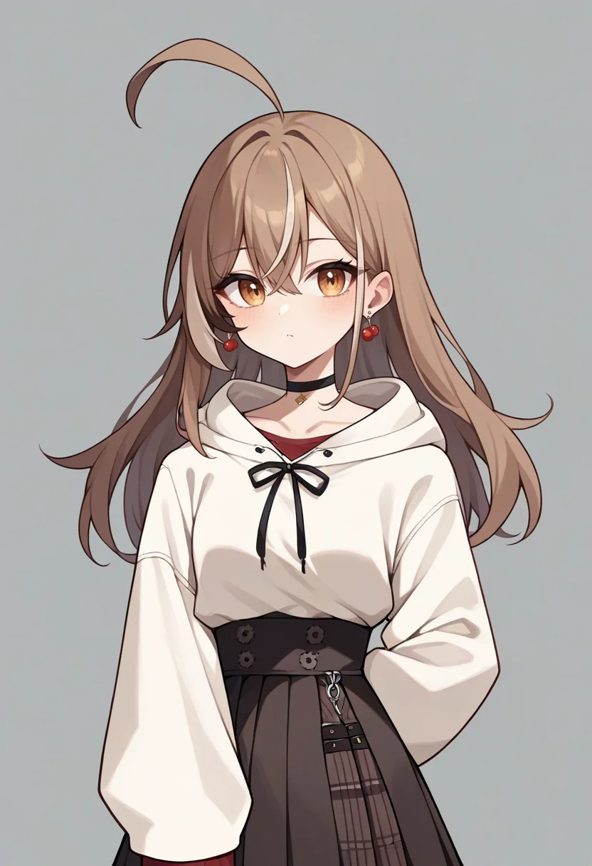 score_9,score_8_up,score_7_up,score_6_up,score_5_up,score_4_up,
1girl, nanashi mumei, long hair, ahoge, black choker, oversized beige hoodie, sleeves past wrists, plaid skirt,pleated skirt, high-waist brown skirt, cherry earrings, red shirt,
simple background, grey background, solo, looking at viewer,
<lora:mumeiponyxl1:1>