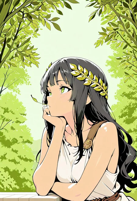 flat colors, masterpiece, best quality, amazing quality,
1girl, solo, girl, black hair, green eyes, upper body, 
 long hair, looking afar,  head rest, white Toga, bronze shoulder pins, brown string belt, green leafy laurel
balcony above the green olive tree canopy, pale green sky,outdoors, green olive trees,lit torches, falling leaves