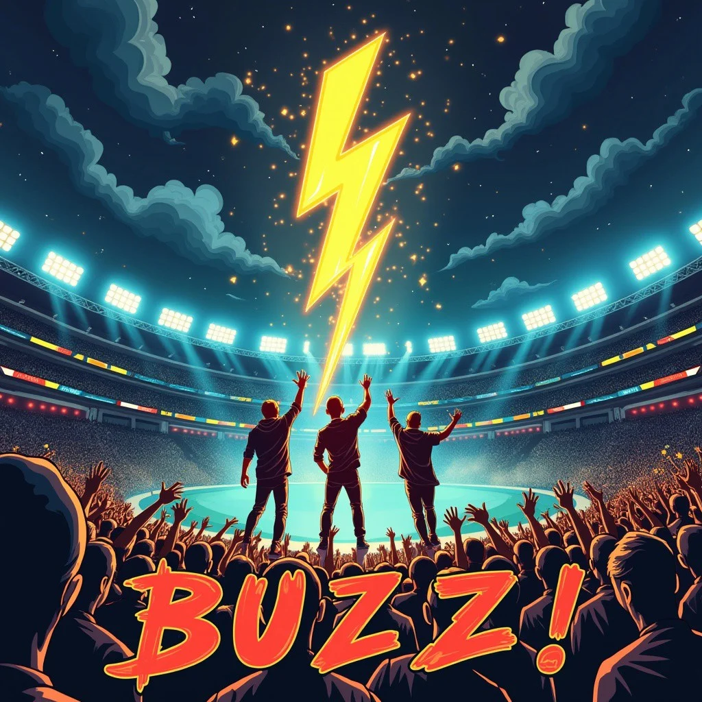 Album cover.  A illustration, low angle shot of a punk rock band in a concert at a stadium at night.  A big shiny lightning bolt logo falling from the sky into the stage.  In the lower side of the picture the words: "BUZZ!", and "Greatest Hits".