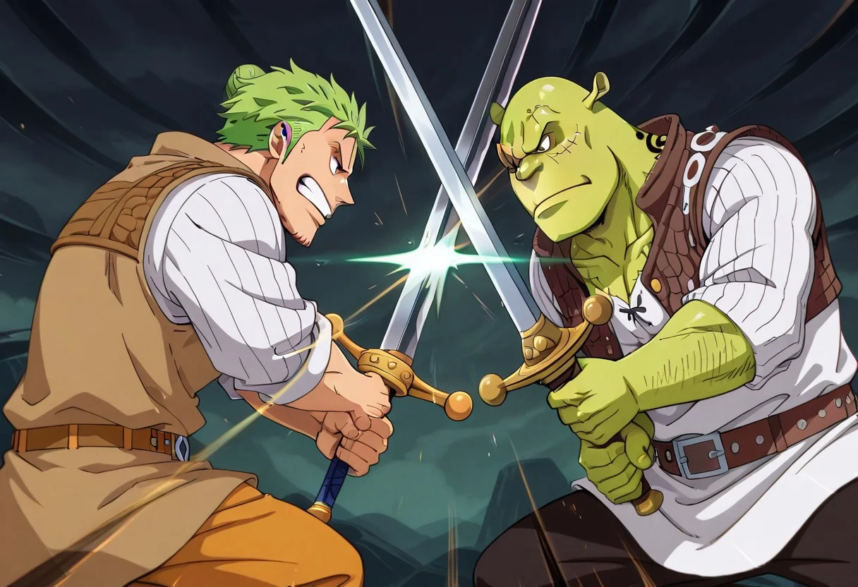 masterpiece, best quality, newest, absurdres, highres, anime, anime style, cyberpunk, SwordClash, 2boys, multiple boys, BREAK 1boy, Zoro /(one piece/), green hair, one closed eye, one eye open, scar over eye,
SwordClash, sword, holding sword, sword, weapon, holding weapon,
BREAK 1boy, shrek, bald, green skin, brown vest, white shirt, brown belt, pants, SwordClash, sword, holding sword, sword, weapon, holding weapon,
