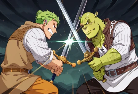 masterpiece, best quality, newest, absurdres, highres, anime, anime style, cyberpunk, SwordClash, 2boys, multiple boys, BREAK 1boy, Zoro /(one piece/), green hair, one closed eye, one eye open, scar over eye,
SwordClash, sword, holding sword, sword, weapon, holding weapon,
BREAK 1boy, shrek, bald, green skin, brown vest, white shirt, brown belt, pants, SwordClash, sword, holding sword, sword, weapon, holding weapon,