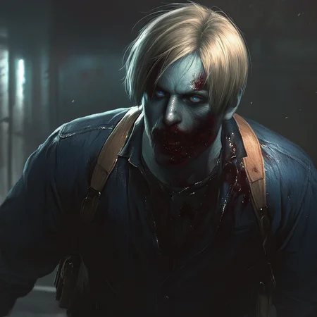 masterpiece,good quality,best quality,newest,absurdres,highres,<lora:re2r_zombie_illustrious_1037223:1>,realistic,1boy,solo,leon s. kennedy,zombie,[pale blue|green] skin,blood on face,face,
