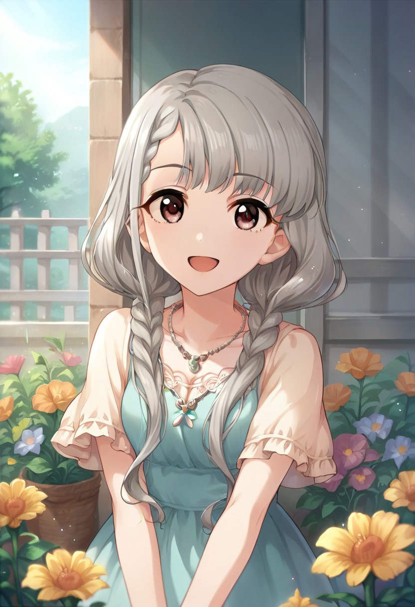 score_9, score_8_up, score_7_up, source_anime,hisakawa nagi, grey hair, braid, brown eyes, long hair, twintails, 1girl, solo, necklace, flower, jewelry, smile, open mouth, dress, looking at viewer, day