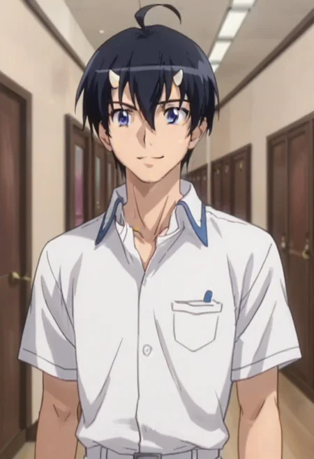 ((masterpiece)), ((best quality)), ((ultra-detailed)), score_9_up, score_8_up, score_7_up, HD, top quality, best quality, High-quality illustrations, anime screencap, perfect anatomy, 1boy, 1male, male anime character, anime boy, solo male, male focus, Ichirou Tachibana, black hair, ahoge, blue eyes, two small horns, happy, smiling, white short sleeve outfit, school hallway