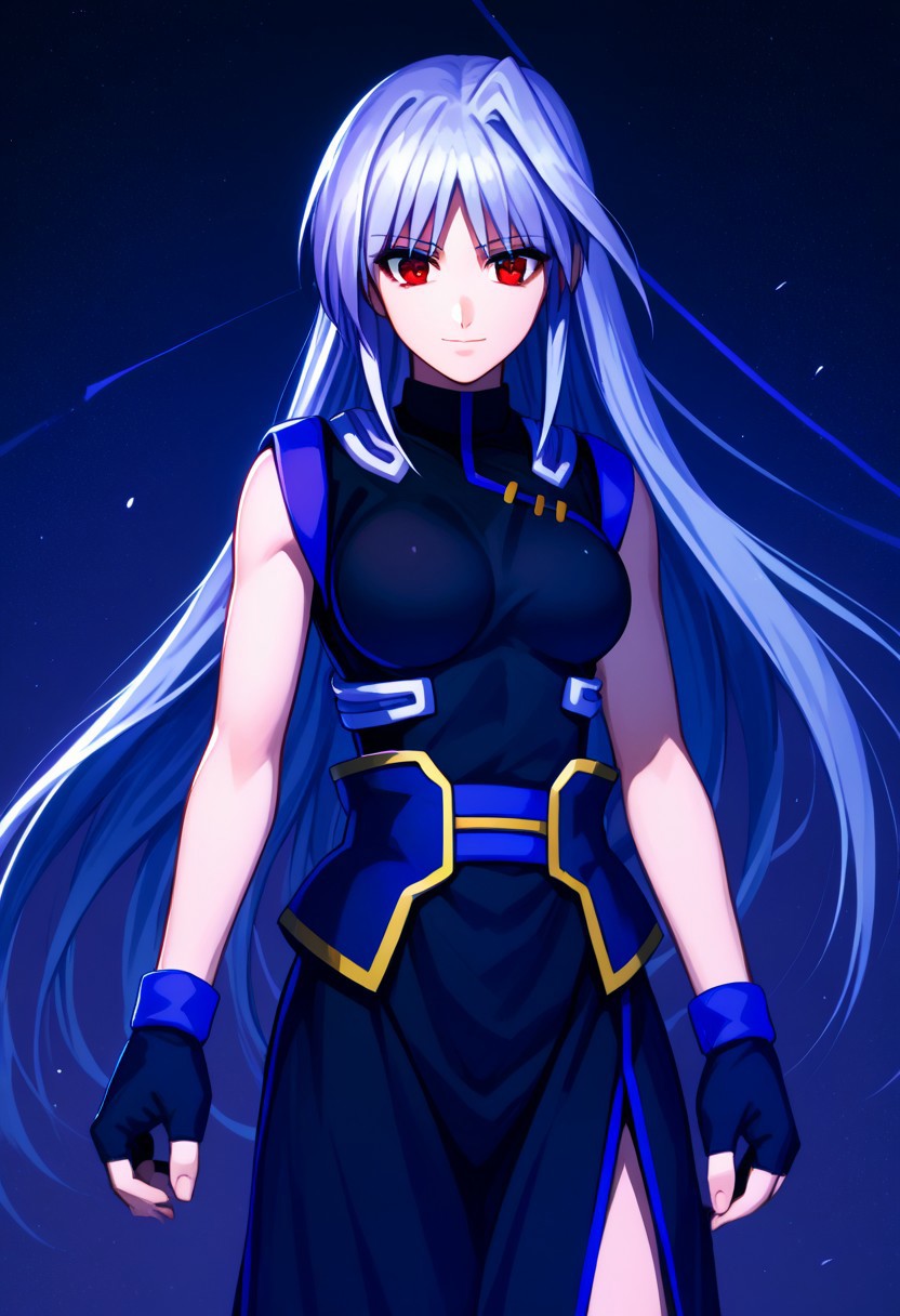 score_9, score_8_up, score_7_up, source_anime, 1girl, solo, Reinforce, long hair, white hair, single hair intake, red eye, long dress, black dress with purple trim, side slit, black gloves with purple trim, fingerless gloves, black corset with gold trim, sleeveless dress, bare shoulders, standing, smiling