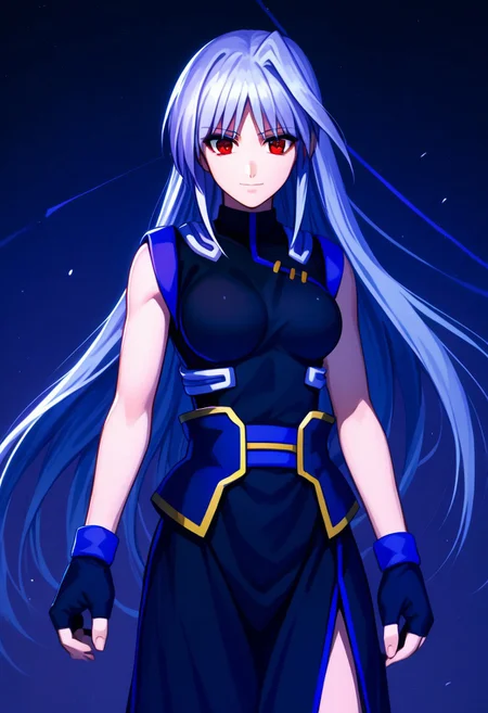 score_9, score_8_up, score_7_up, source_anime, 1girl, solo, Reinforce, long hair, white hair, single hair intake, red eye, long dress, black dress with purple trim, side slit, black gloves with purple trim, fingerless gloves, black corset with gold trim, sleeveless dress, bare shoulders, standing, smiling